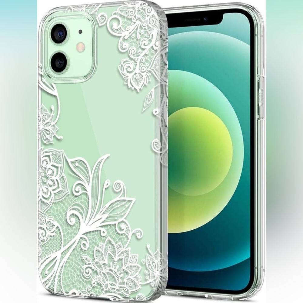 Floral Clear Case iPhone 12/iPhone 12 Pro 6.1” Soft  Shockproof, White Lace